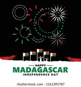 Madagascar independence day vector illustration with the national flags and fireworks. African country public holiday celebrated annually on 26 June.