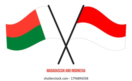 Madagascar and Indonesia Flags Crossed And Waving Flat Style. Official Proportion. Correct Colors.