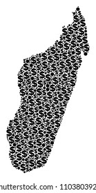 Madagascar Island map composition of dollars and circle spots in variable sizes. Abstract vector treasury and GDP Madagascar Island map.