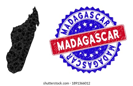 Madagascar Island map polygonal mesh with filled triangles, and textured bicolor rubber seal. Triangle mosaic Madagascar Island map with mesh vector model, triangles have variable sizes,