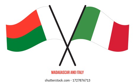 Madagascar and Italy Flags Crossed And Waving Flat Style. Official Proportion. Correct Colors.