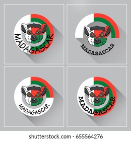 Madagascar  label.  Vector illustration with lemur painted in color of national flag.  Icon. Emblem. Set of round frame composition.
