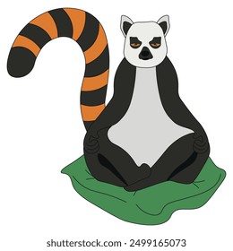 Madagascar lemur meditation on the pillow. Cute tropical animal isolated white background. Simple flat design postcard, zoo, poster banner cover print. EPS 10