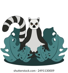 Madagascar lemur in tropical forest. Beach and jungle theme. Summer art with cute animal isolated white background. Simple flat vector illustration can used t-shirt print, notebook postcard cover 