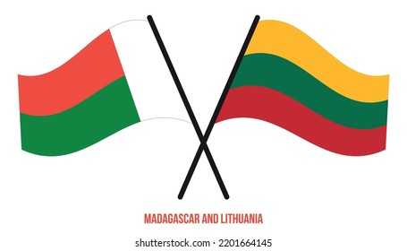 Banderas de Madagascar y Lituania cruzadas y ondeadas de estilo plano. Proporción oficial. Colores correctos.