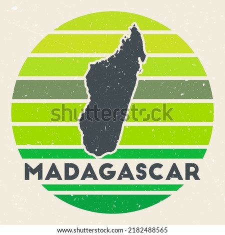 Madagascar logo. Sign with the map of country and colored stripes, vector illustration. Can be used as insignia, logotype, label, sticker or badge of the Madagascar.