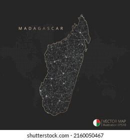 Madagascar map abstract geometric mesh polygonal light concept with black and white glowing contour lines countries and dots on dark background. Vector illustration.
