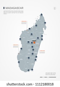 Madagascar map with borders, cities, capital Antananarivo and administrative divisions. Infographic vector map. Editable layers clearly labeled.