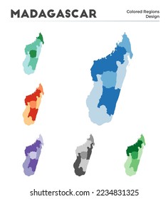 Kartensammlung Madagaskar. Grenzen von Madagaskar für Ihre Infografik. Farbige Landregionen. Vektorgrafik.
