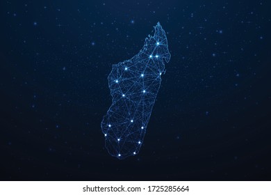 Conexión a mapa de Madagascar. Resumen Tecnología Digital 3D Mesh Línea de red poligonal, área de diseño, punto y estructura en fondo oscuro. EPS10 de ilustración vectorial.