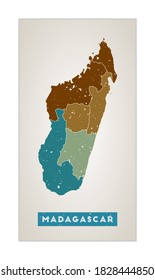 Madagascar map. Country poster with regions. Old grunge texture. Shape of Madagascar with country name. Powerful vector illustration.