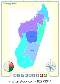 Madagaskar-Karte mit Flaggenknöpfen und Hilfe & Aktiviert Ikonen Original-Illustration