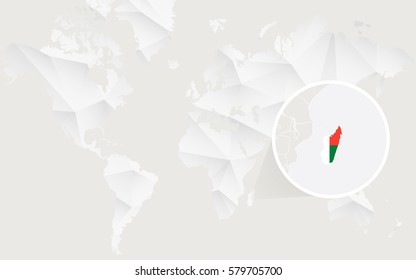 Madagascar map with flag in contour on white polygonal World Map. Vector Illustration.