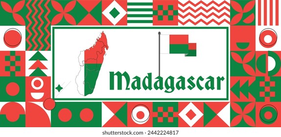 Madagascar Map flag independence day geometric Country web banner corporate abstract background design with flag theme. Country Vector Illustration