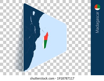 Madagaskar-Karte und Flagge auf transparentem Hintergrund. Madagaskar auf der blauen Vektorkarte hervorgehoben.