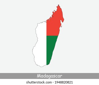 Bandera del mapa de Madagascar. Mapa de la República de Madagascar con la bandera nacional malgache aislada de fondo blanco. Ilustración vectorial.