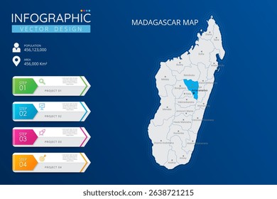 Madagascar map with location pointer marks. High detailed country map with division, cities and capital infographic template. Vector illustration EPS10