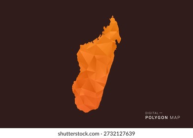 Mapa de Madagascar - Vector de bajo polígono polivinílico, silueta triangulada geométrica en tonos naranja y marrón oscuro, estilo infográfico moderno limpio, fondo aislado.