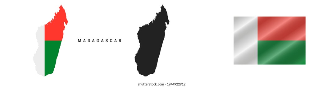 Madagaskar. Karte mit maskiertem Flag. Detaillierte Silhouette. Wellenflagge. Vektorgrafik einzeln auf Weiß.