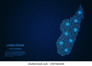 Madagascar map from point blue and glowing stars on a dark background. Vector eps 10.