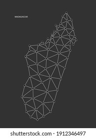 Madagascar Map Point scales on black background. Wire frame polygonal network white line, dot and shadow dot.