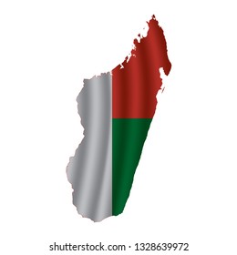 Madagascar map with rippled flag on white illustration. Waving Fabric Flag Map of Madagascar. Map of Africa. Vector White Background. Vector illustration eps10.