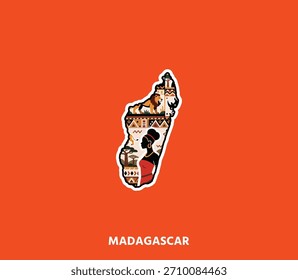 A Madagascar map sticker decorated with ethnic African patterns and cultural elements. Ideal for travel branding, posters, merchandise, and digital artwork.	