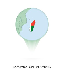 Madagaskar-Karte, stilvolles Ortssymbol mit Madagaskar-Karte und Flagge. Green Pin Symbol.