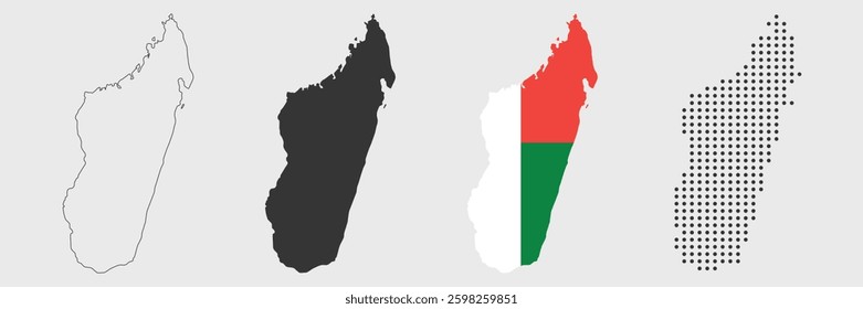 Madagascar map in various style outline, grey, flag color, dotted