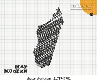 Madagascar map of vector black silhouette chaotic hand drawn scribble sketch on grid paper used for notes or decoration.