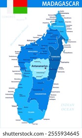 Madagascar Map Vector Blue Spot - Customizable layered political map of Madagascar with administrative divisions for website, education, reports, news, politics, print, poster and wallpaper