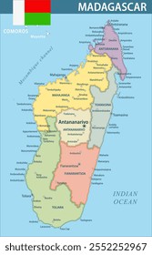 Madagascar Map Vetor New 2024 Colorful - Mapa político em camadas personalizável de Madagáscar com divisões administrativas para site, educação, relatórios, notícias, política, impressão, cartaz e papel de parede