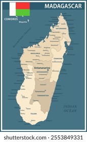 Madagascar Map Vector Vintage Dark Blue Beige - Customizable layered political map of Madagascar with administrative divisions for website, education, reports, news, politics, print, poster and wallpa