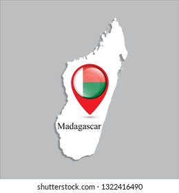 Madagascar map with white shadow and country name on the map. Check-in point with a national flag on a gray background.