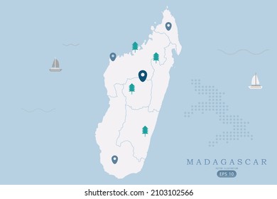 Madagascar Map - World Map International vector template High detailed with white color isolated on blue background including simple point of location, tree, boat icon - Vector illustration eps 10