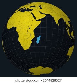 Madagascar on a globe. Country view on the world map in a charcoal and bright yellow color palette. Madagascar's shape on the map with meridians, parallels, countries, rivers, and lakes.