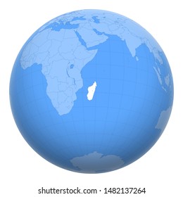 Madagascar on the globe. Earth centered at the location of the Republic of Madagascar. Map of Madagascar. Includes layer with capital cities.