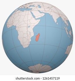 Madagascar on the globe. Earth hemisphere centered at the location of the Republic of Madagascar. Madagascar map.