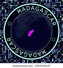 Madagascar on globe vector. Futuristic satellite view of the world centered to Madagascar. Geographical illustration with shape of country and squares background. Bright neon colors on dark background.