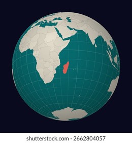 Madagascar en el mapa. Globo centrado en Madagascar. Ubicación de Country en el mapa mundial. Paleta de colores Teal Pale Mint. Globo con países, meridianos y paralelos. Hermosa Ilustración vectorial.