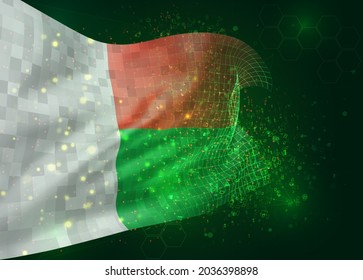 Madagascar, on vector 3d flag on green background with polygons and data numbers