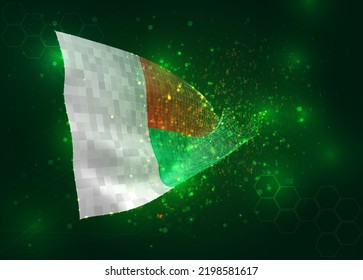 Madagascar, on vector 3d flag on green background with polygons and data numbers