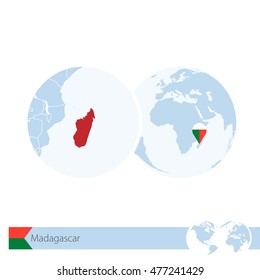 Madagascar on world globe with flag and regional map of Madagascar. Vector Illustration.