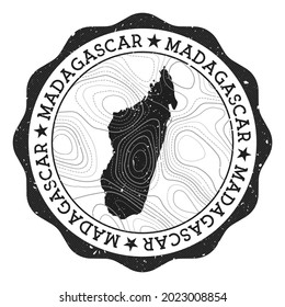 Madagascar outdoor stamp. Round sticker with map of country with topographic isolines. Vector illustration. Can be used as insignia, logotype, label, sticker or badge of the Madagascar.