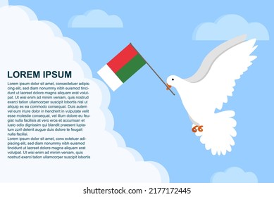 Concepto de paz de Madagascar con área de texto, ave de la paloma de la paz con bandera de Madagascar en su pico, paloma volando en las nubes, diseño de ilustración vectorial, plantilla del día de la paz en Madagascar, idea de libertad