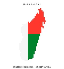 Madagascar pixel flag map icon. 8 bit pixel art Republic of Madagascar map covered with flag. Flat vector illustration isolated on white background.