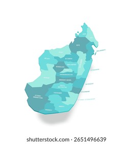 Mapa político de Madagascar das divisões administrativas - regiões. Mapa de vetor turquesa 3D com rótulos de nome.
