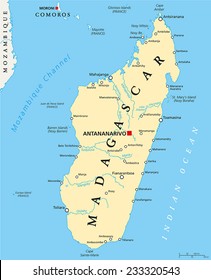 Madagascar Political Map with capital Antananarivo, national borders, important cities, rivers and lakes. English labeling and scaling.