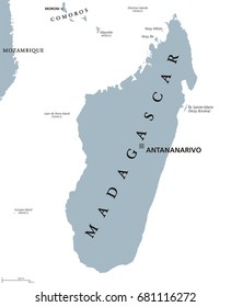 Madagascar political map with capital Antananarivo. Republic and island country in the Indian Ocean. Former Malagasy Republic. Gray illustration isolated on white background. English labeling. Vector.