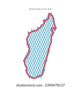Mapa poblacional de Madagascar. Figuras pegadas Mapa de personas de la República de Madagascar con negrita frontera roja translúcida del país. Patrón de iconos de hombres y mujeres. Ilustración vectorial aislada. Trazo editable.
